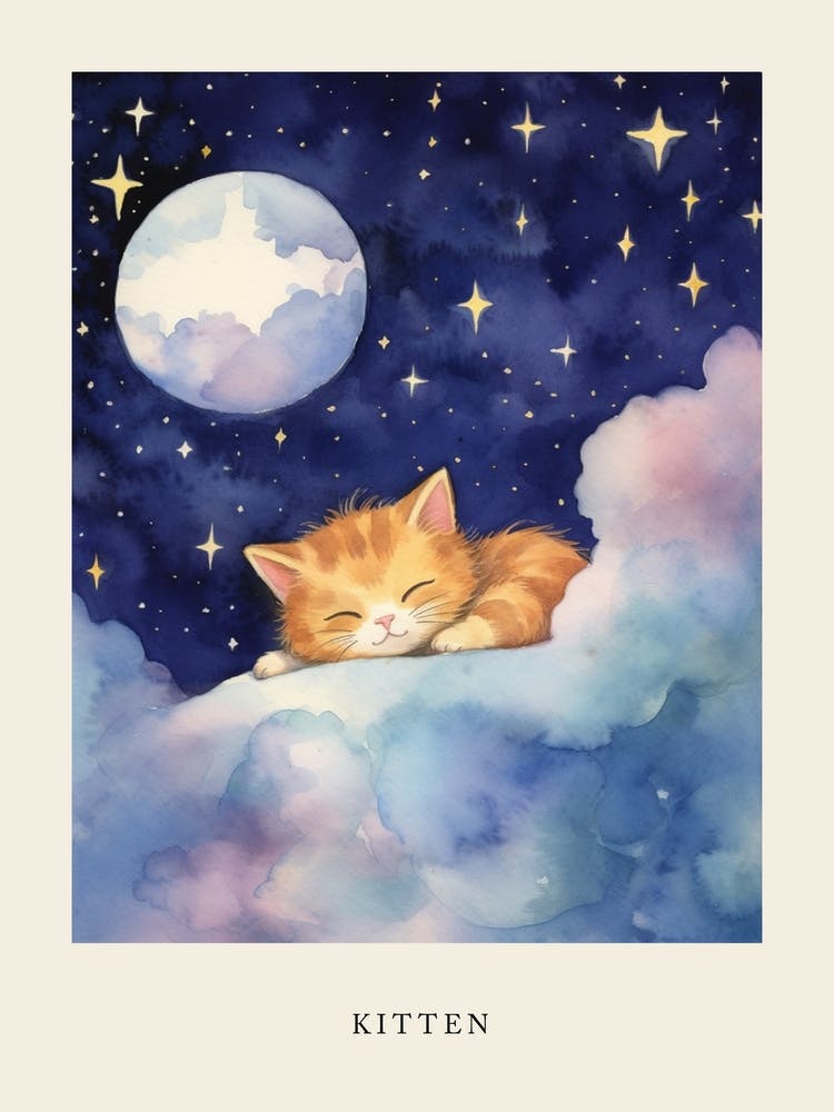 Baby Kitten 10 Sleeping In The Clouds Nursery Poster