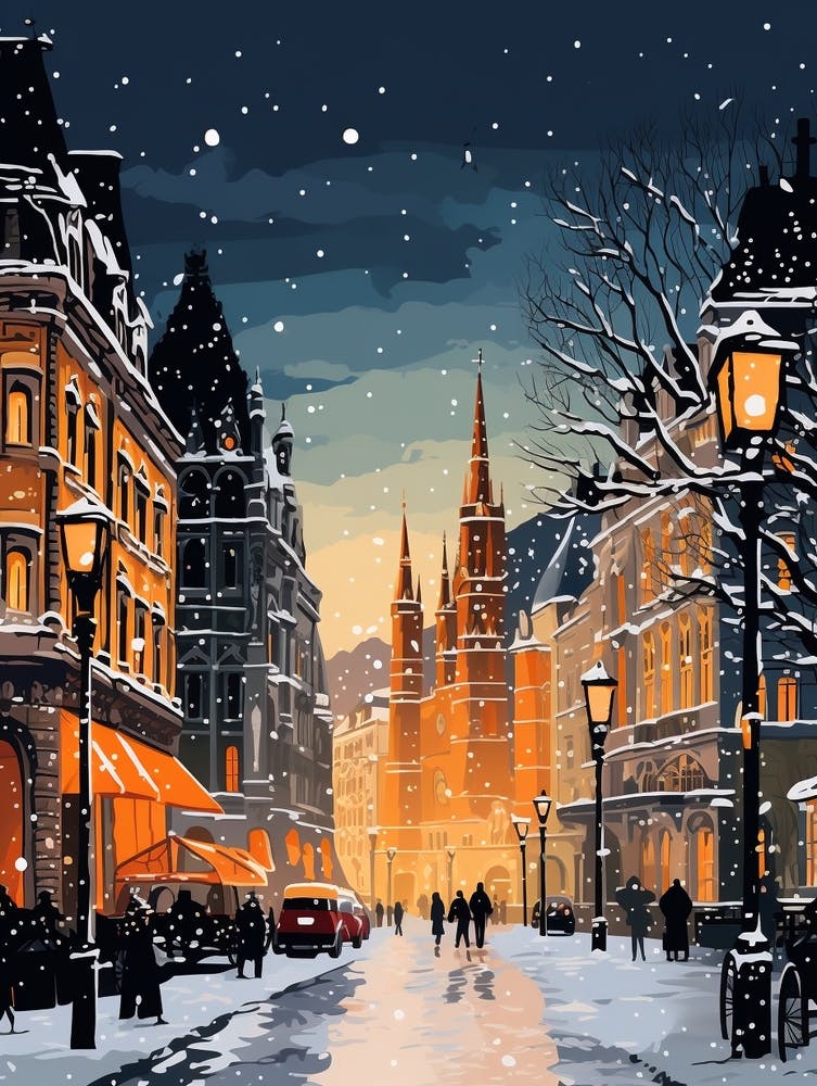 Winter Travel Night Illustration Vienna Austria 1