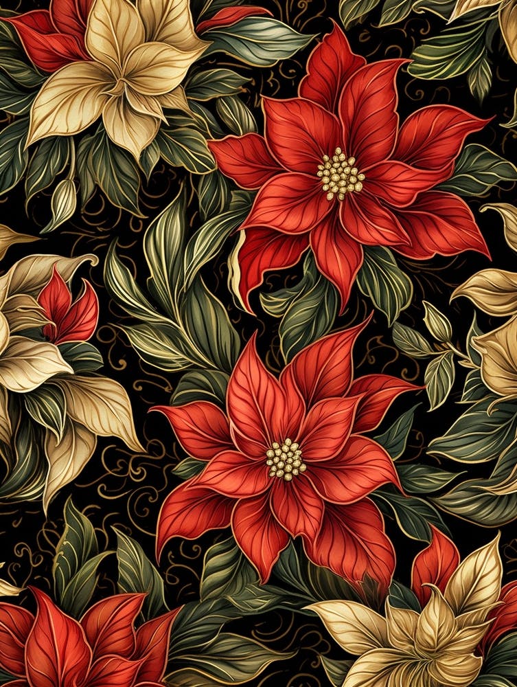 Poinsettia 2 William Morris Style Winter Florals