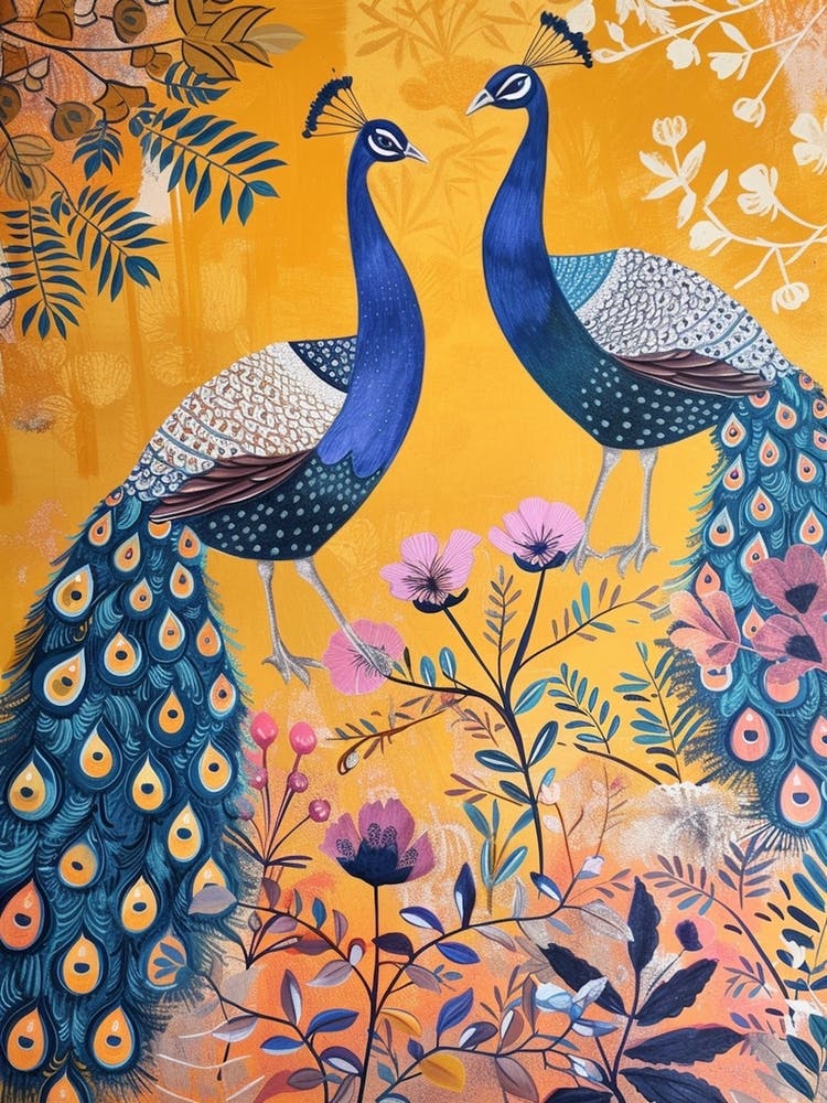 Two Folky Floral Peacocks