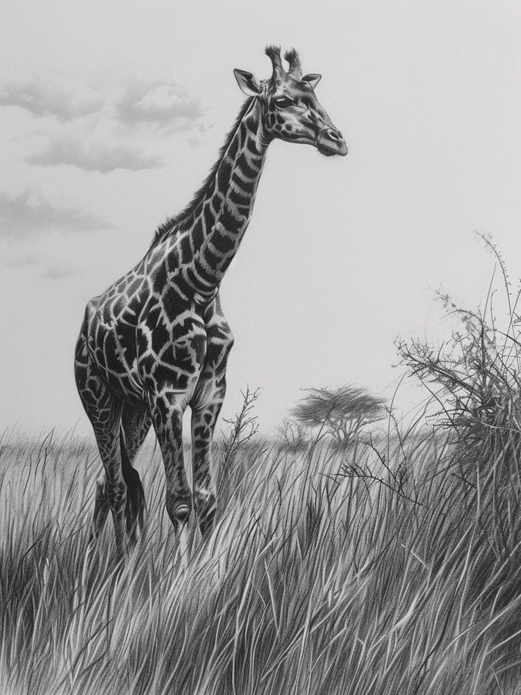 Giraffe In The Grass Pencil Drawing 5