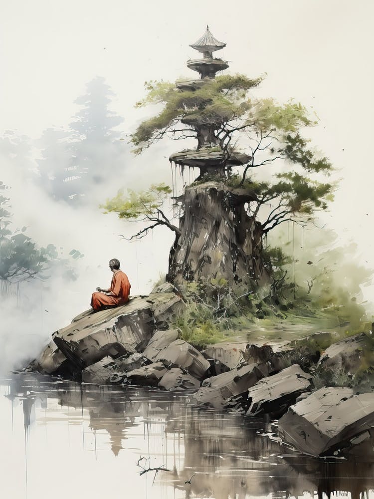 Man Meditating, Japanese Brush Painting, Ukiyo E, Minimal 1