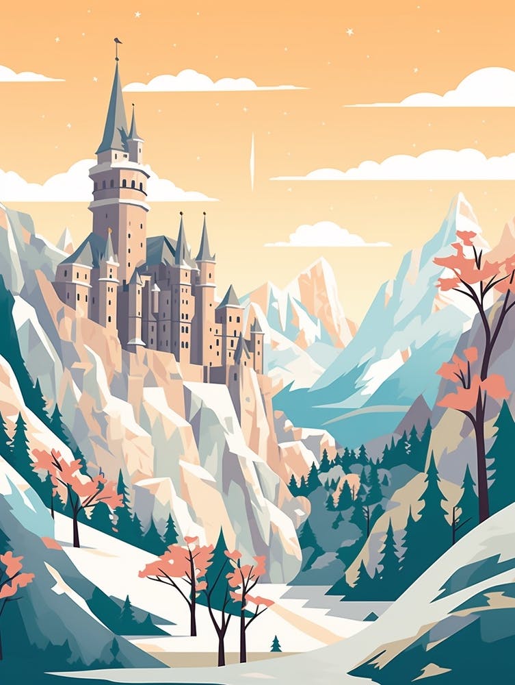 Vintage Winter Travel Illustration Schloss Neuschwanstein Germany 2