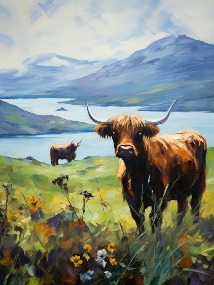 Two Highland Cows By The Mountains And Lake