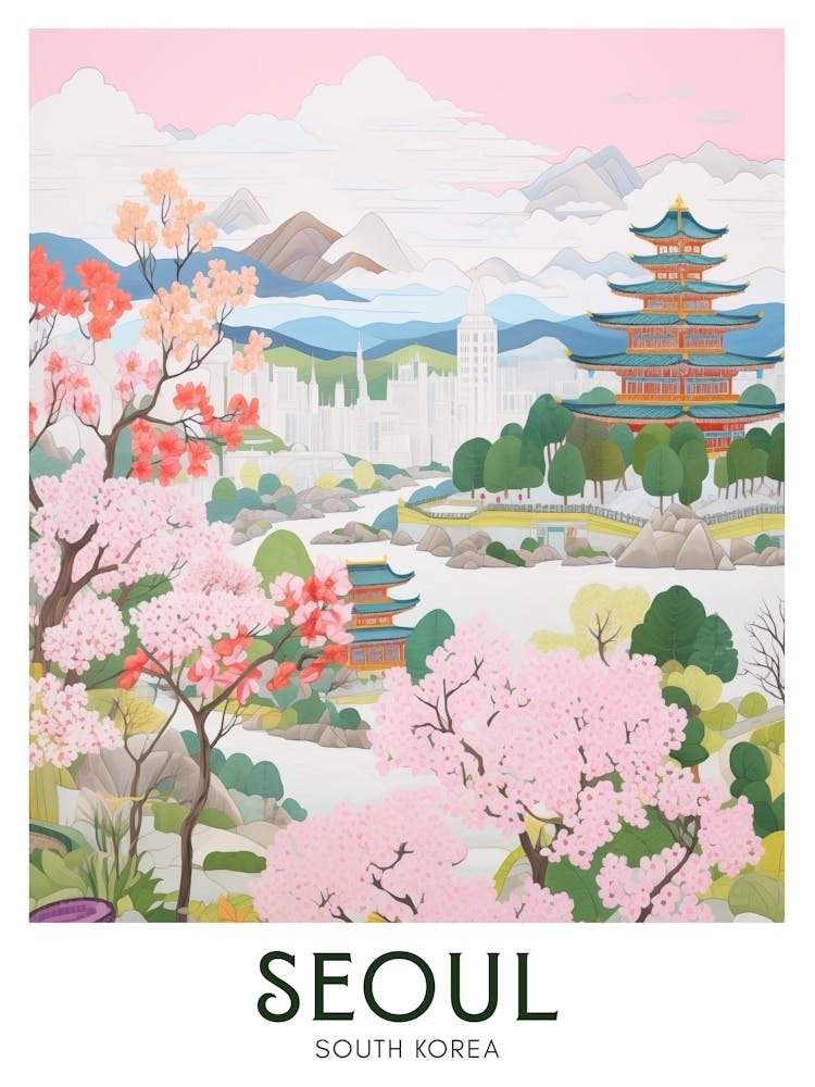 Seoul, South Korea Maximalist Travel Poster Vibrant Colour 