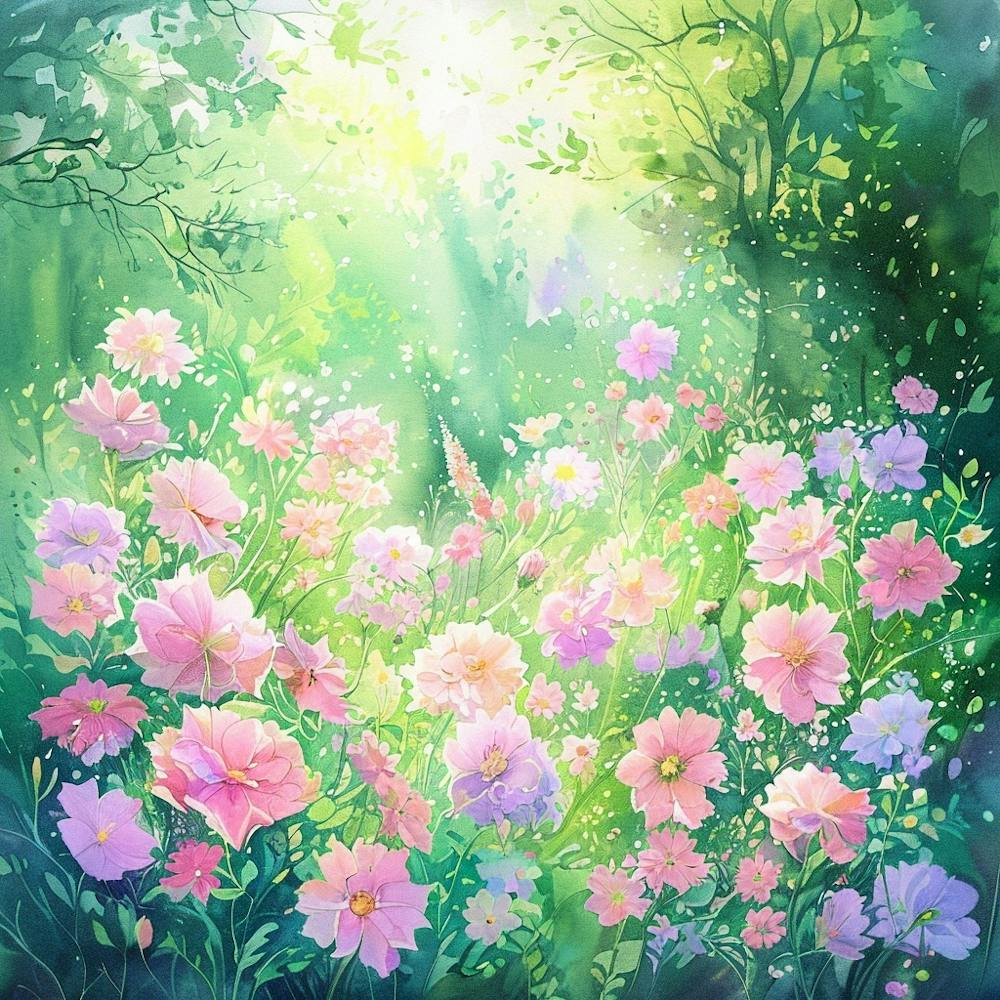 Watercolor Flowers In The Forest
