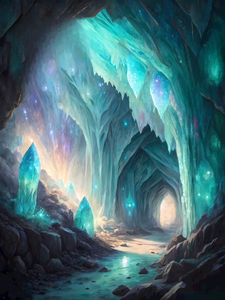 Oil Painting Style Enchanted Crystal Cave Glowing Teal & Purple Gemstone Landscape