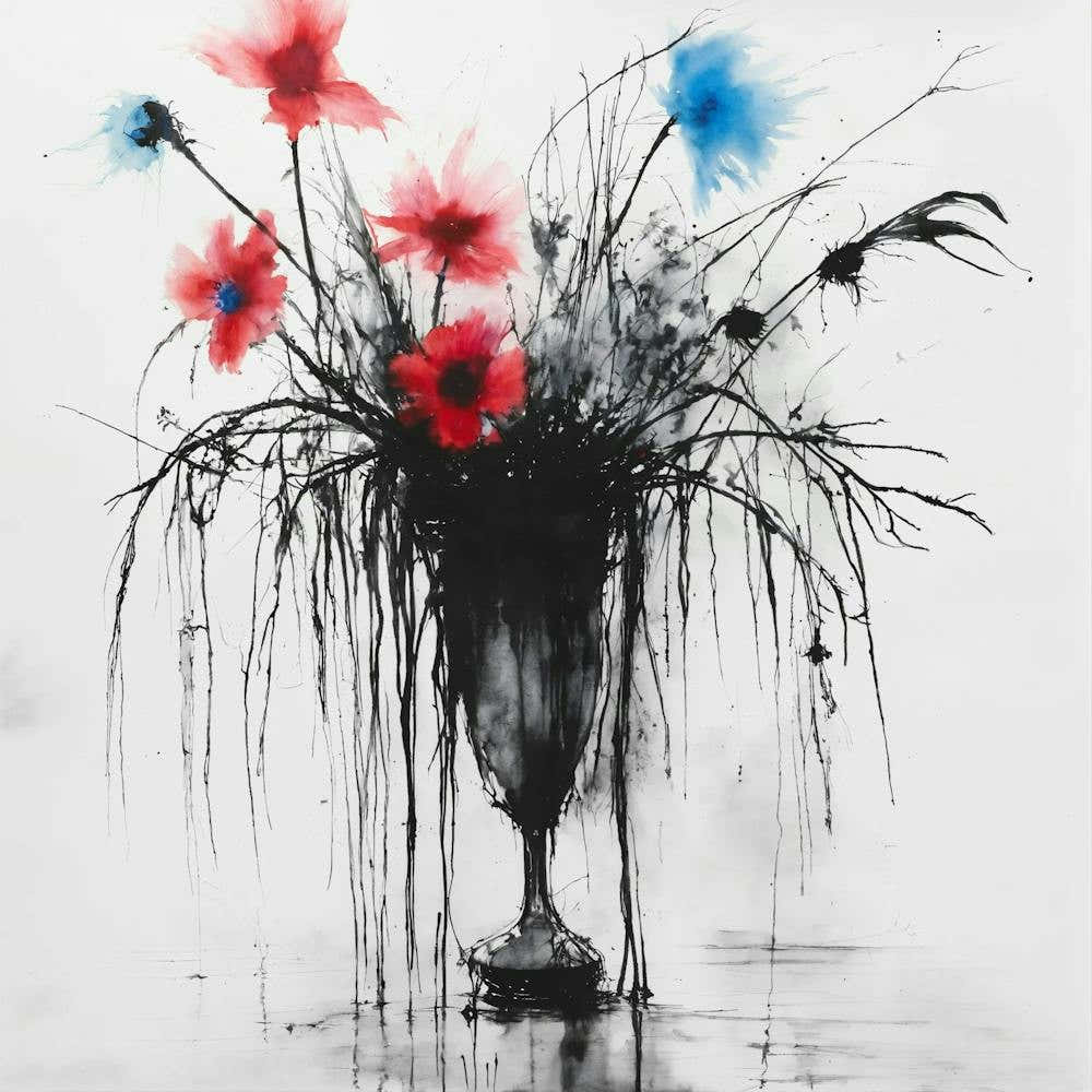 Flowers In A Vase Stephen Gammell style, dessin, aquarelle, aquarelles, noir et blanc et rouge , de marais, de sombres créatures, dégoulinant, pink and blue flowers in a vase placed on a table2