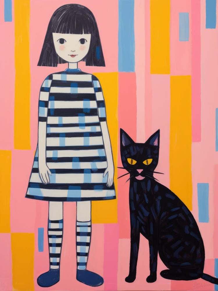 Little Girl And Black Cat