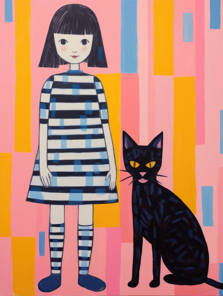 Little Girl And Black Cat