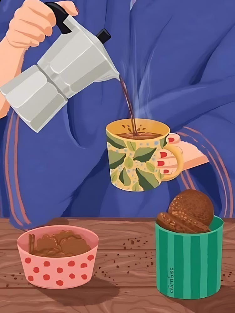 Illustration Of A Woman Making Coffee