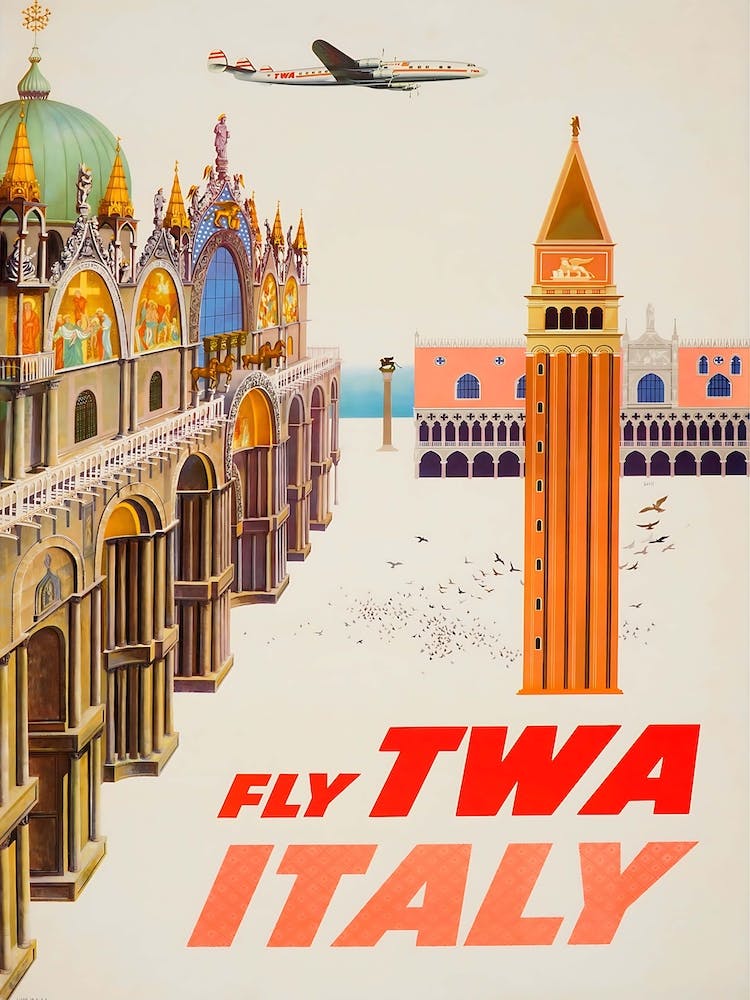 Italy Fly Twa 1960's Travel Poster, Sam Kal