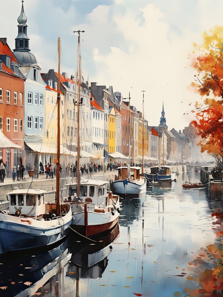 Copenhagen Denmark In Autumn Fall, Watercolour 2