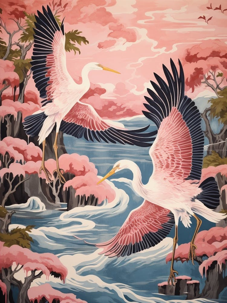 Vintage Japanese Inspired Bird Print Great Blue Heron 4