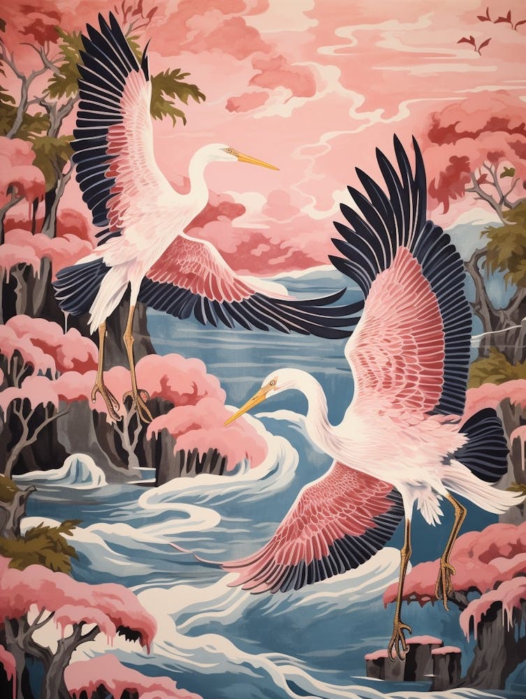 Vintage Japanese Inspired Bird Print Great Blue Heron 4