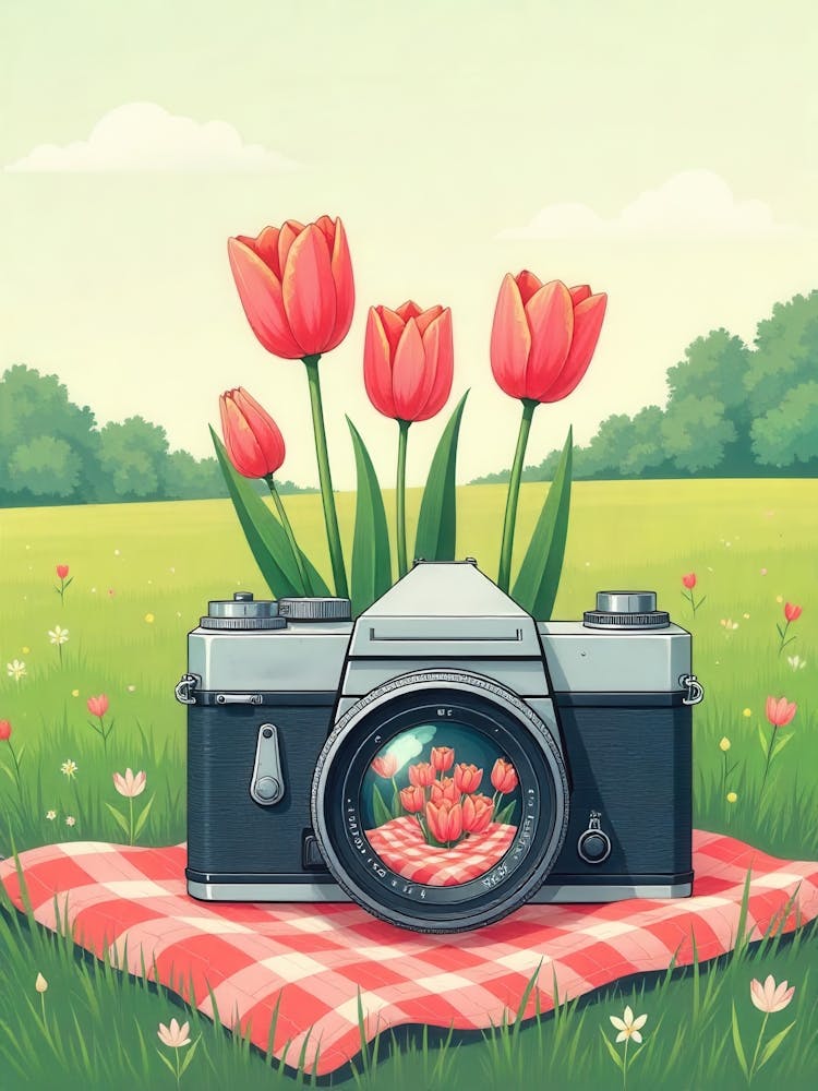 Vintage Camera With Tulips