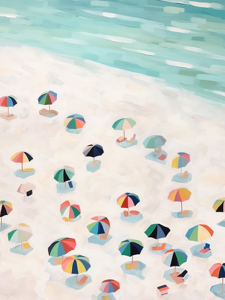 Umbrellas On The Beach. Gouache Sea Landscape. Vintage Travel