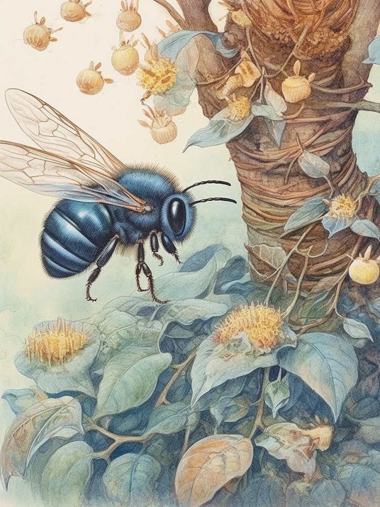 Blue Carpenter Bee Beehive Watercolour Illustration  2