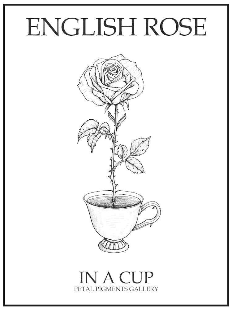 English Rose In A Cup Line Drawing 4 Poster