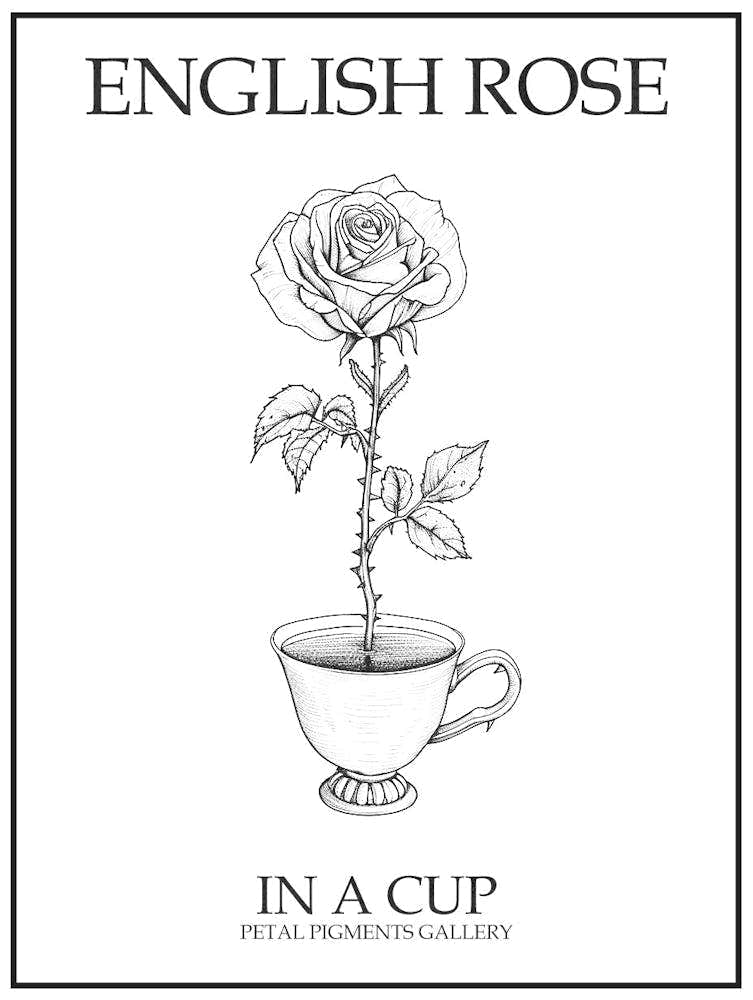 English Rose In A Cup Line Drawing 4 Poster