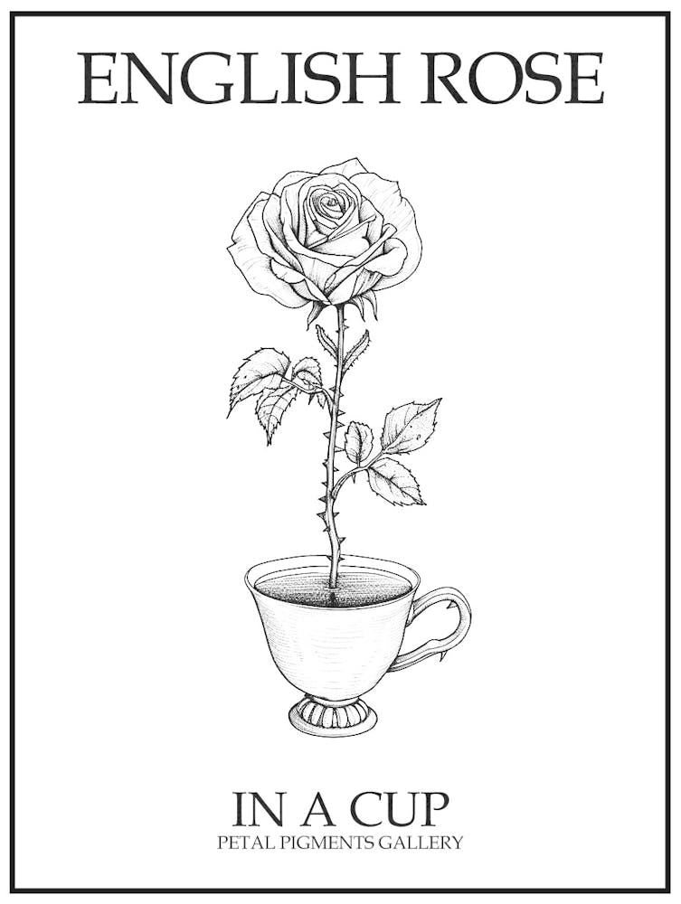 English Rose In A Cup Line Drawing 4 Poster