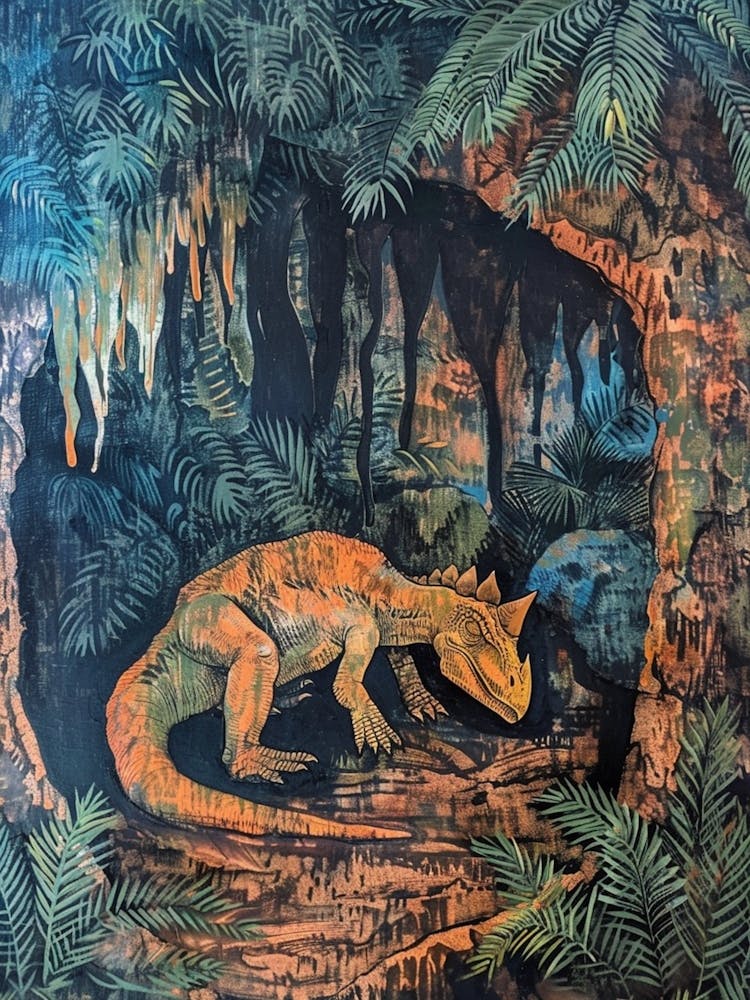 Dinosaur In A Cave With Leaves Painting