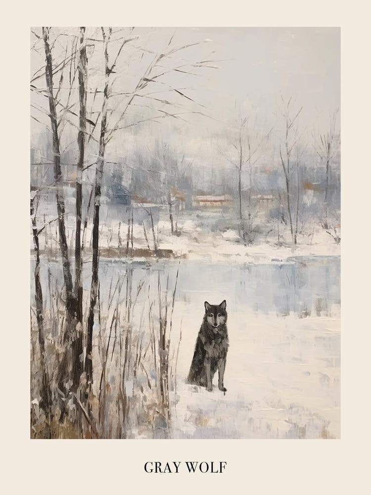 Vintage Winter Animal Painting Poster Gray Wolf 3