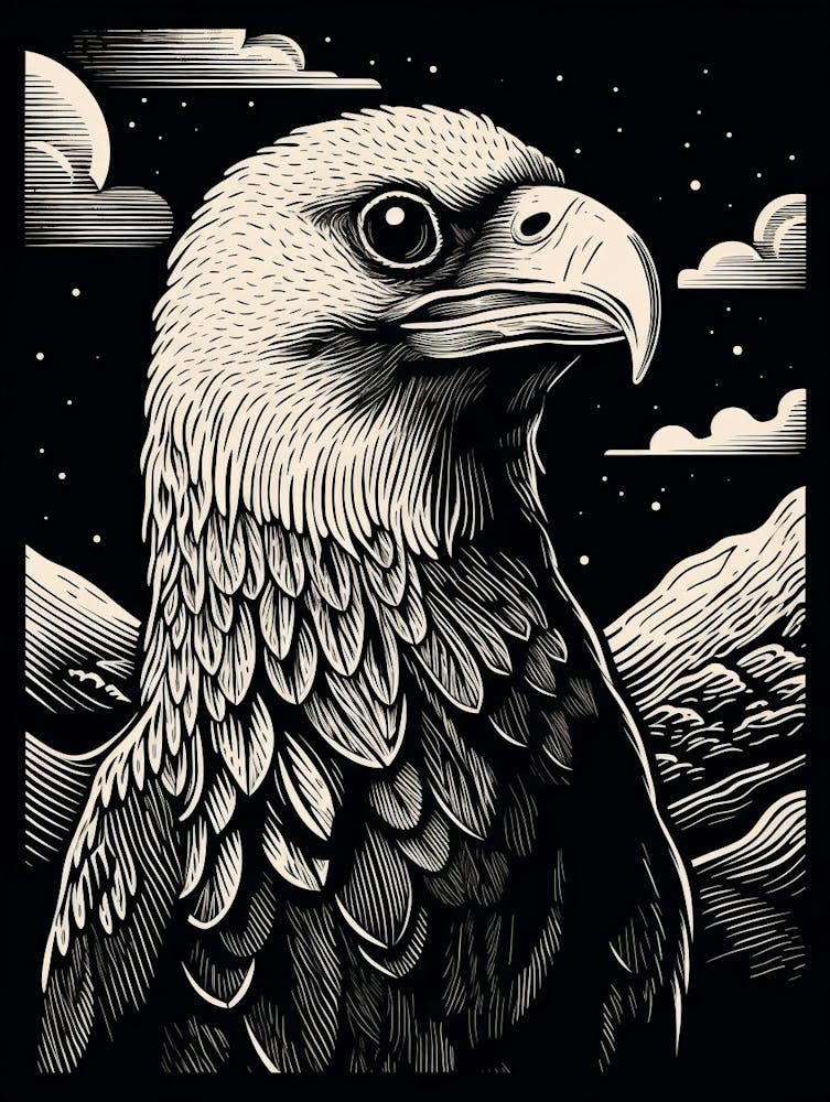 B&W Bird Linocut Crested Caracara 2