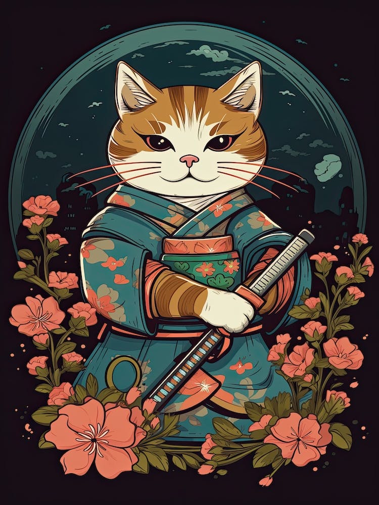 Cute Samurai Cat In The Style Of William Morris 1