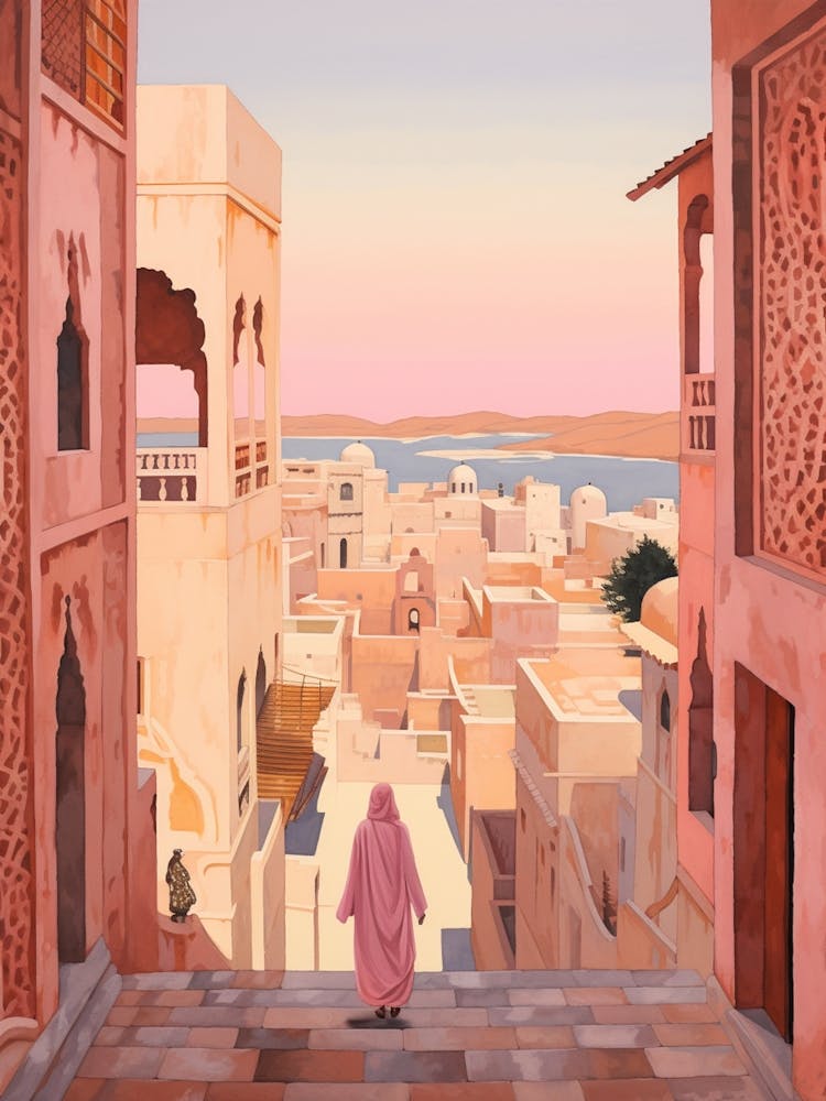 Rabat Morocco 2 Vintage Pink Travel Illustration