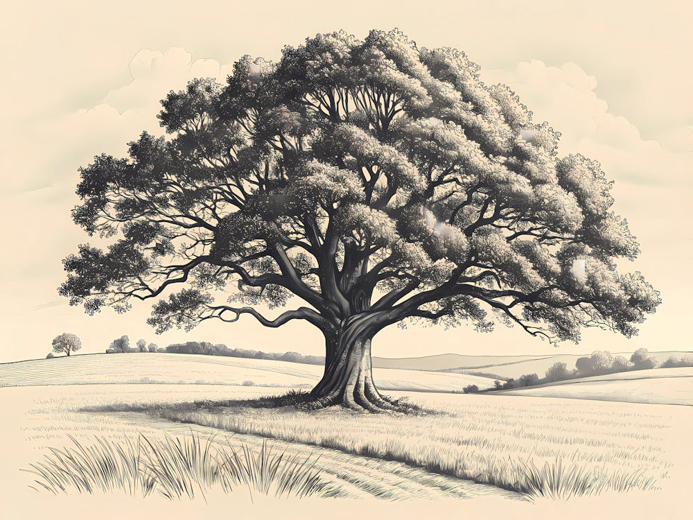 Retro Vintage Style A Lone Oak Tree Standing In An
