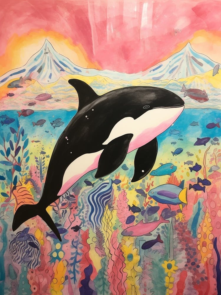 Colourful Mountain Orca Whale Drawing 1