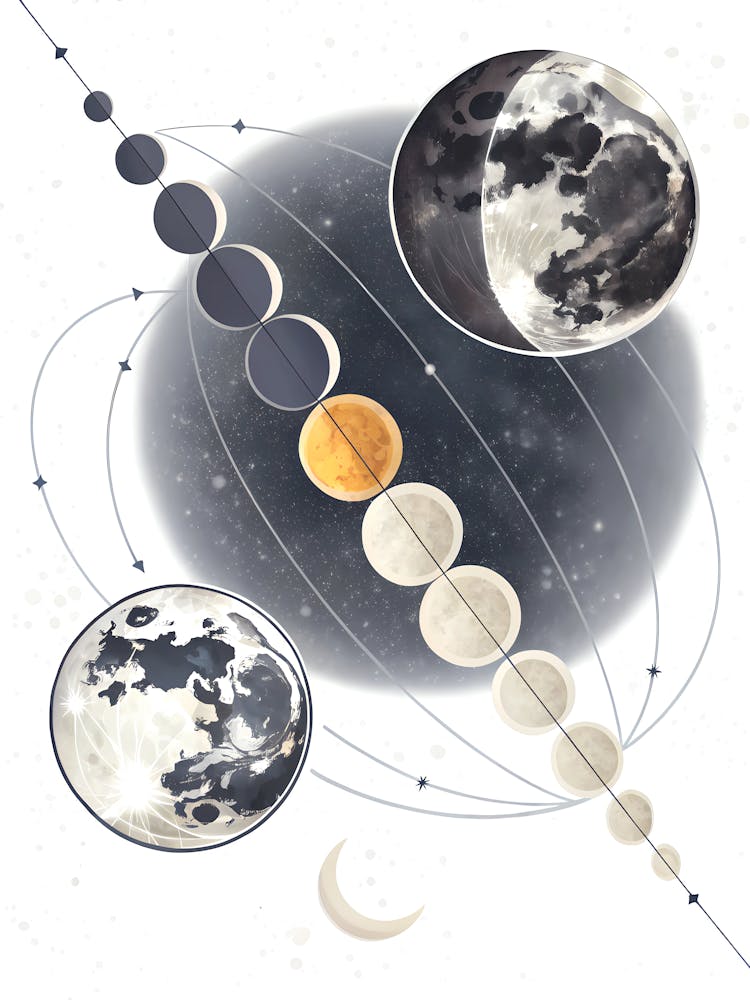 Phases of the Moon Celestial Lunar Cycle Art