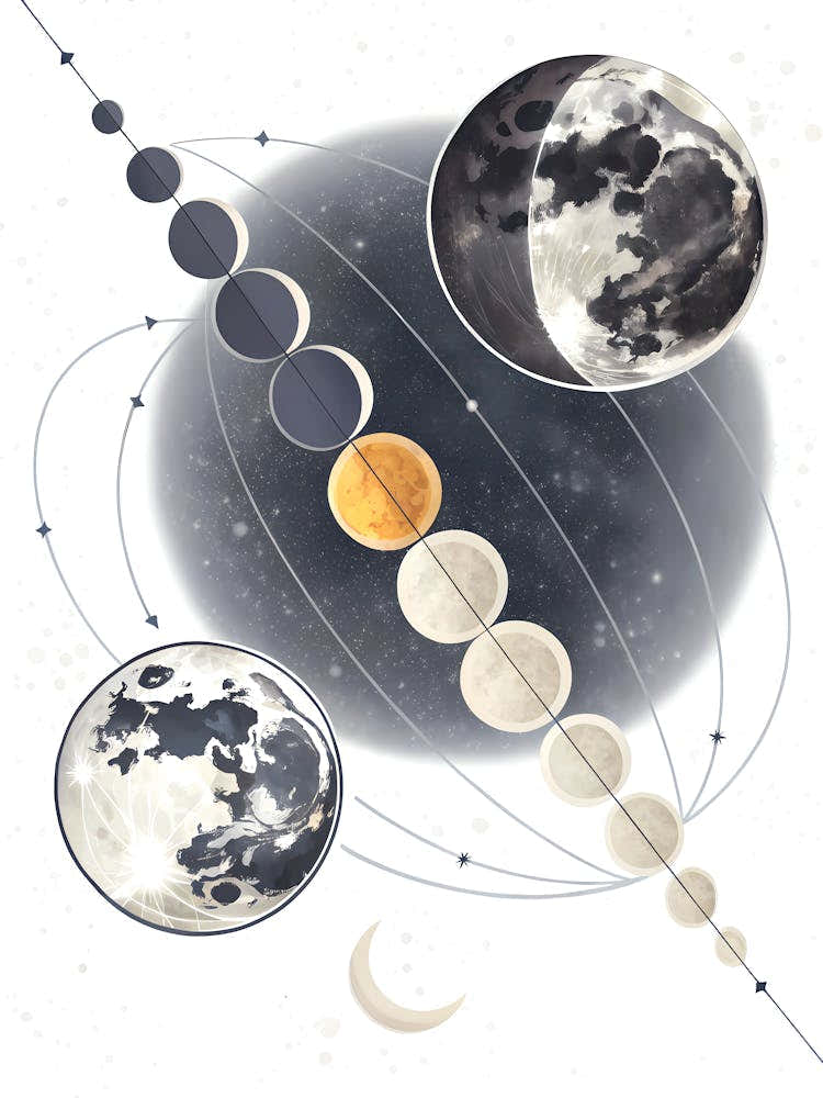 Phases of the Moon Celestial Lunar Cycle Art