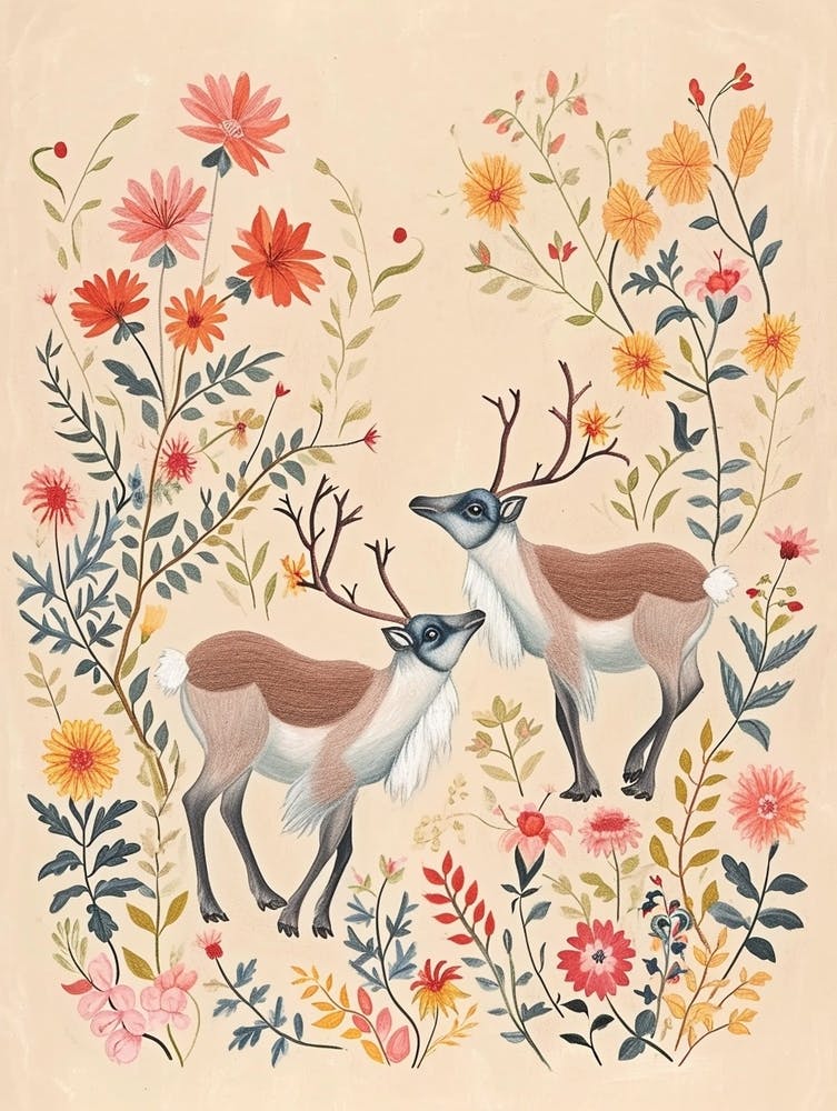 Folksy Floral Animal Drawing Caribou