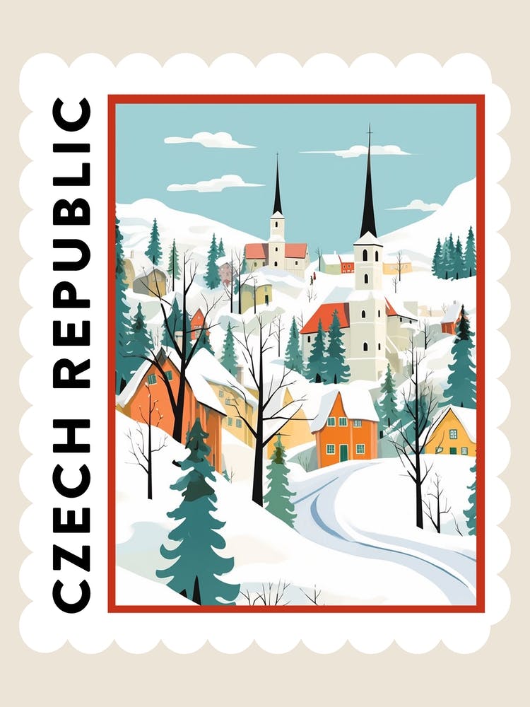 Retro Winter Stamp Poster Cesky Krumloy Czech Republic 2