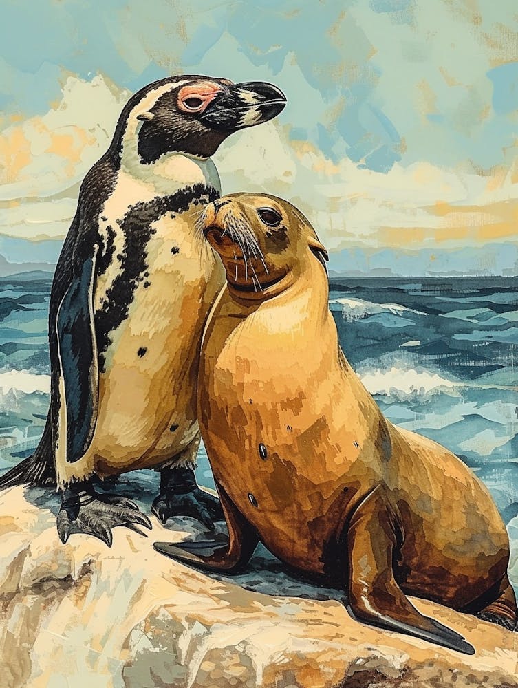 Galapagos Penguin Sea Lion Island Colour Block Painting 6