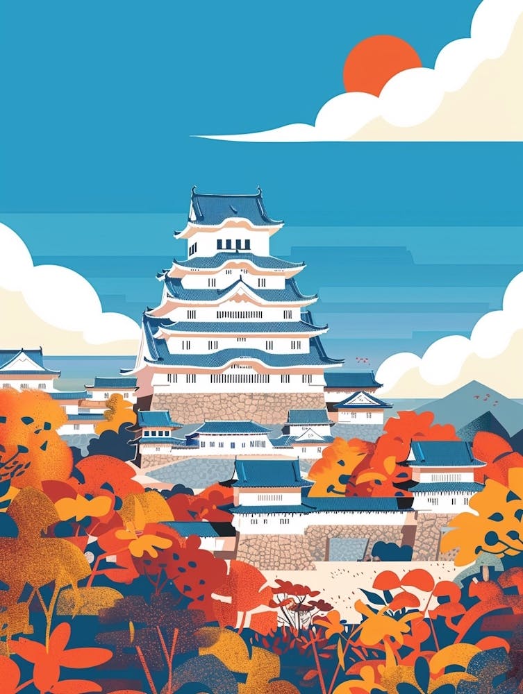 Himeji Castle Japan 6 Colourful Illustration
