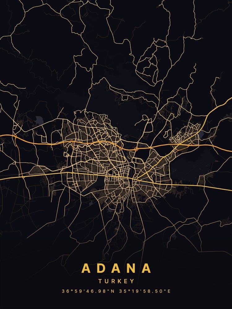 Adana Turkey Black And Gold Map