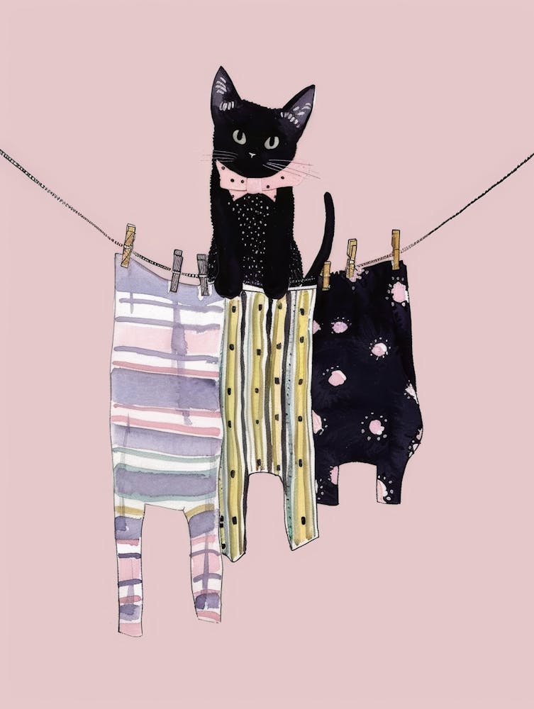 Black Cat On Clothesline