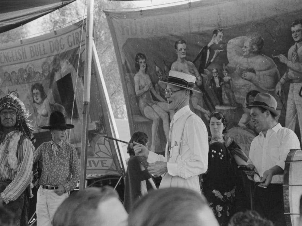 Barker At Sideshow With Performers, State Fair, Donaldsonville, Louisiana By Russell Lee