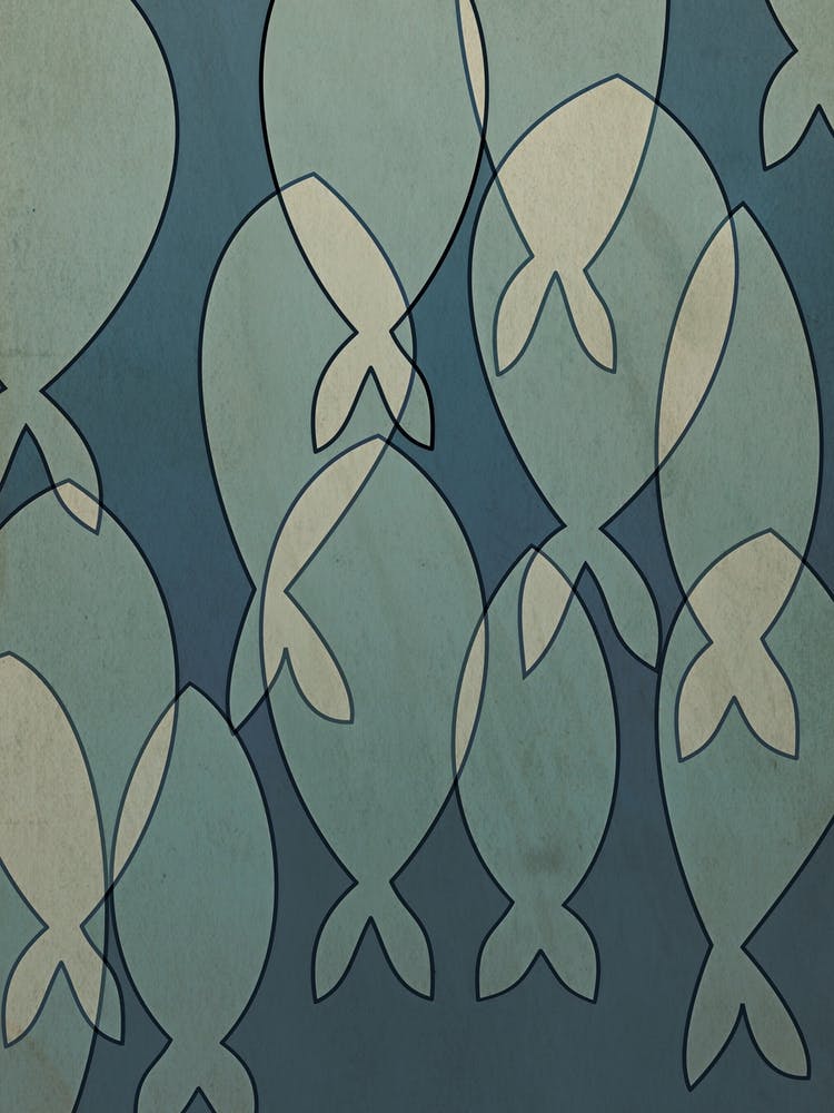 Multi Abstract Fish On Blue Wall Art