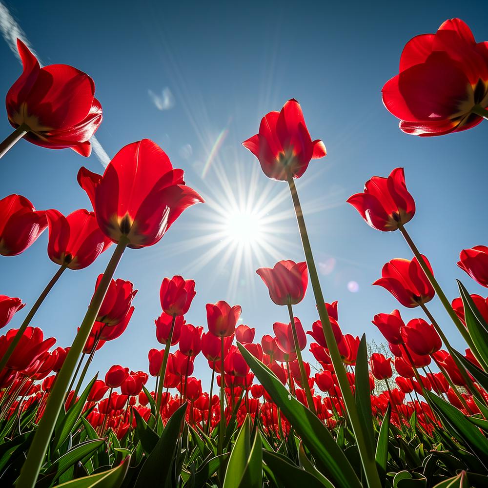 Vibrant red tulips reach towards the bright sun under a clear blue sky