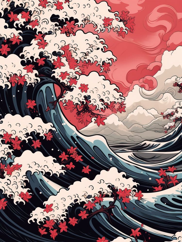 Great Wave With Cherry Blossom Flower Drawing In The Style Of Ukiyo E 4