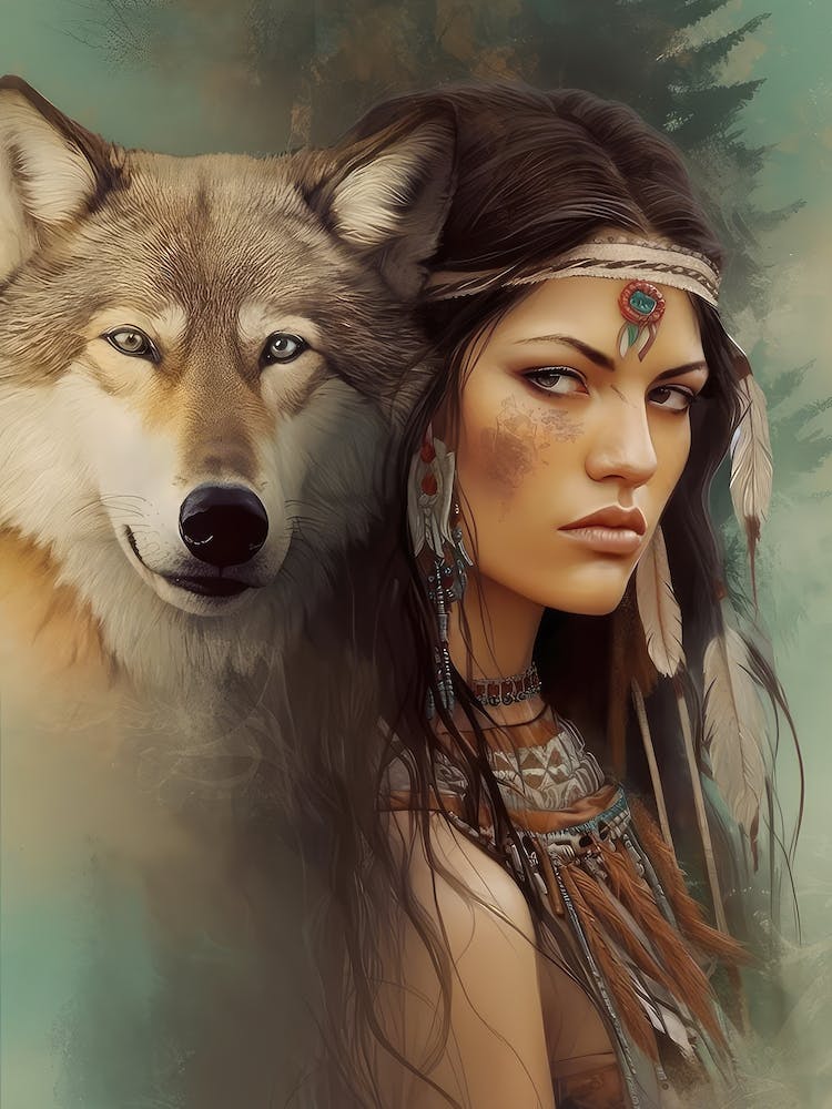 MusKogee Creek Native American Woman With A Wolf 1