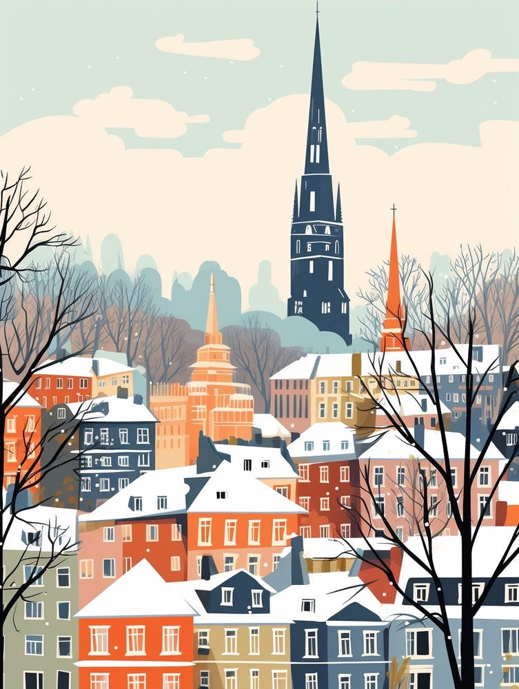 Vintage Winter Travel Illustration Hamburg Germany 3