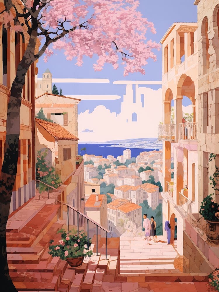 Pula Croatia 2 Vintage Pink Travel Illustration