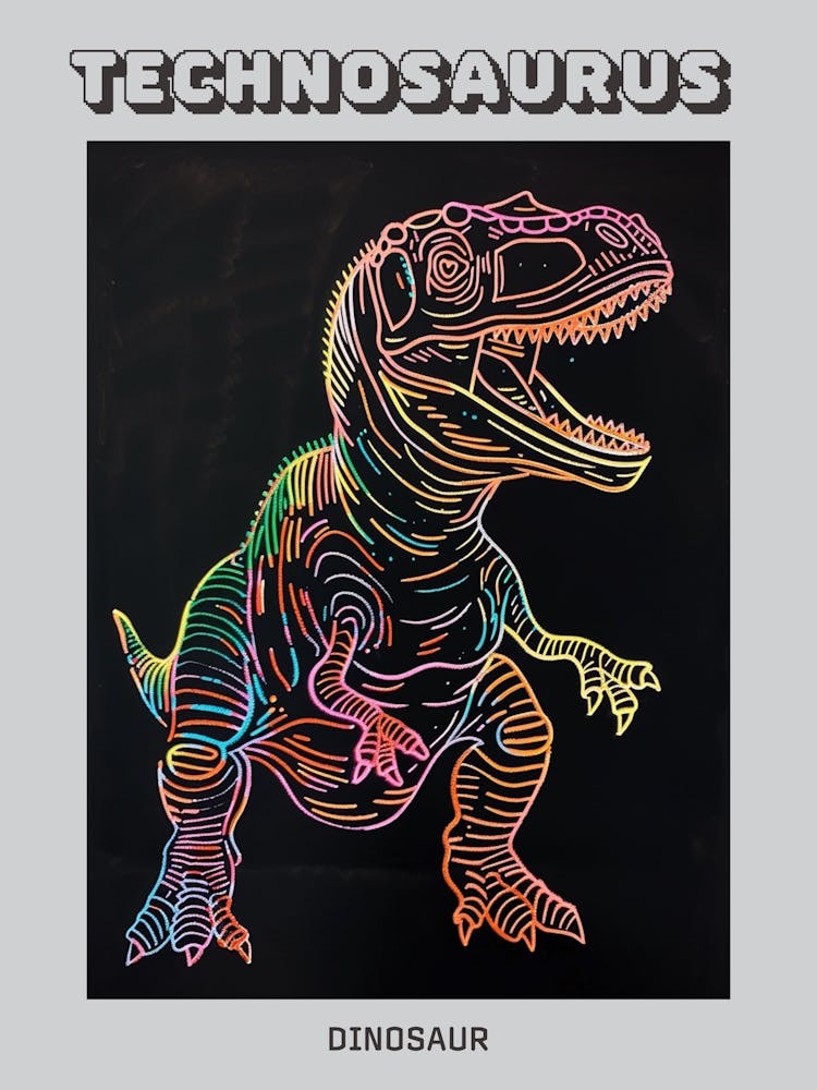 Neon Rainbow Dinosaur Line Illustration With Black Background 1 Poster
