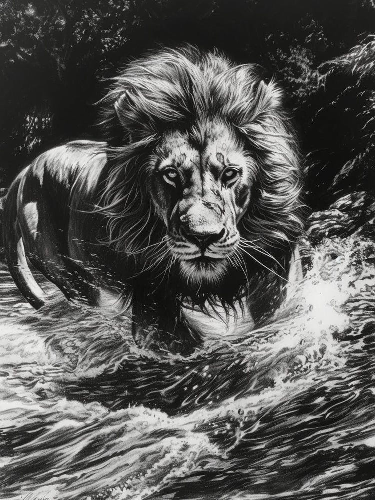Barbary Lion Charcoal Drawing Crossing A River 2