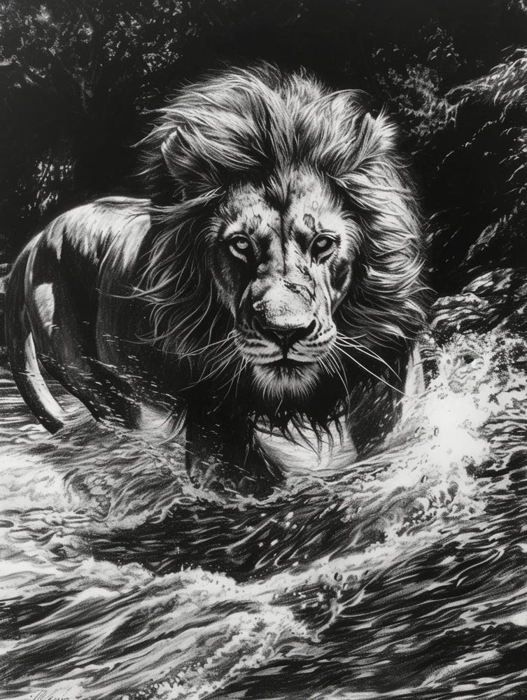 Barbary Lion Charcoal Drawing Crossing A River 2
